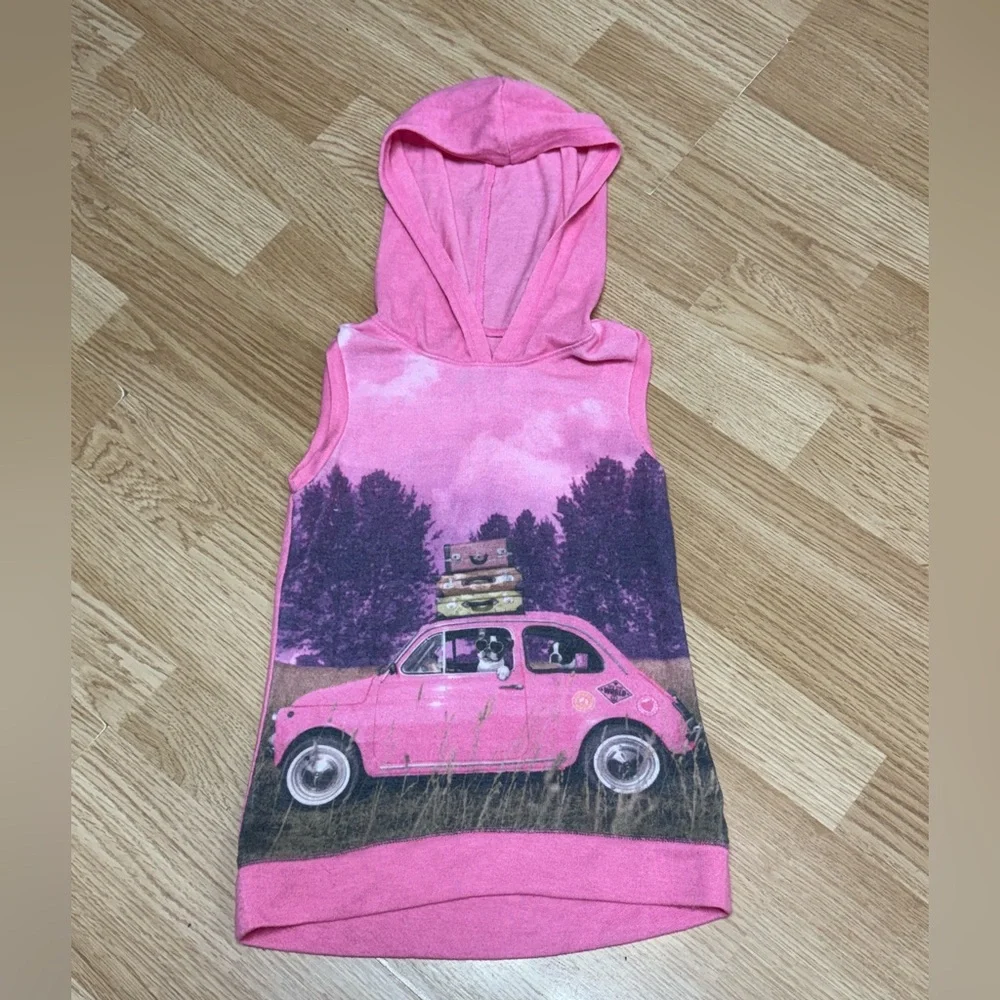 Justice Girls Size 5 Pink Sleeveless Hooded Graphic Tank Top Car Print